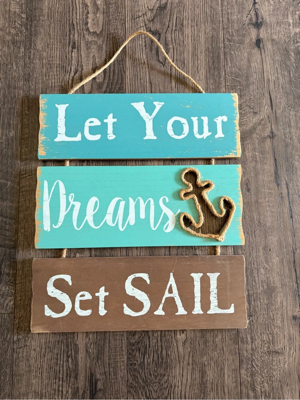 Coastal 'Let Your Dreams Set Sail' Hanging Wall Sign - Turquoise & Brown